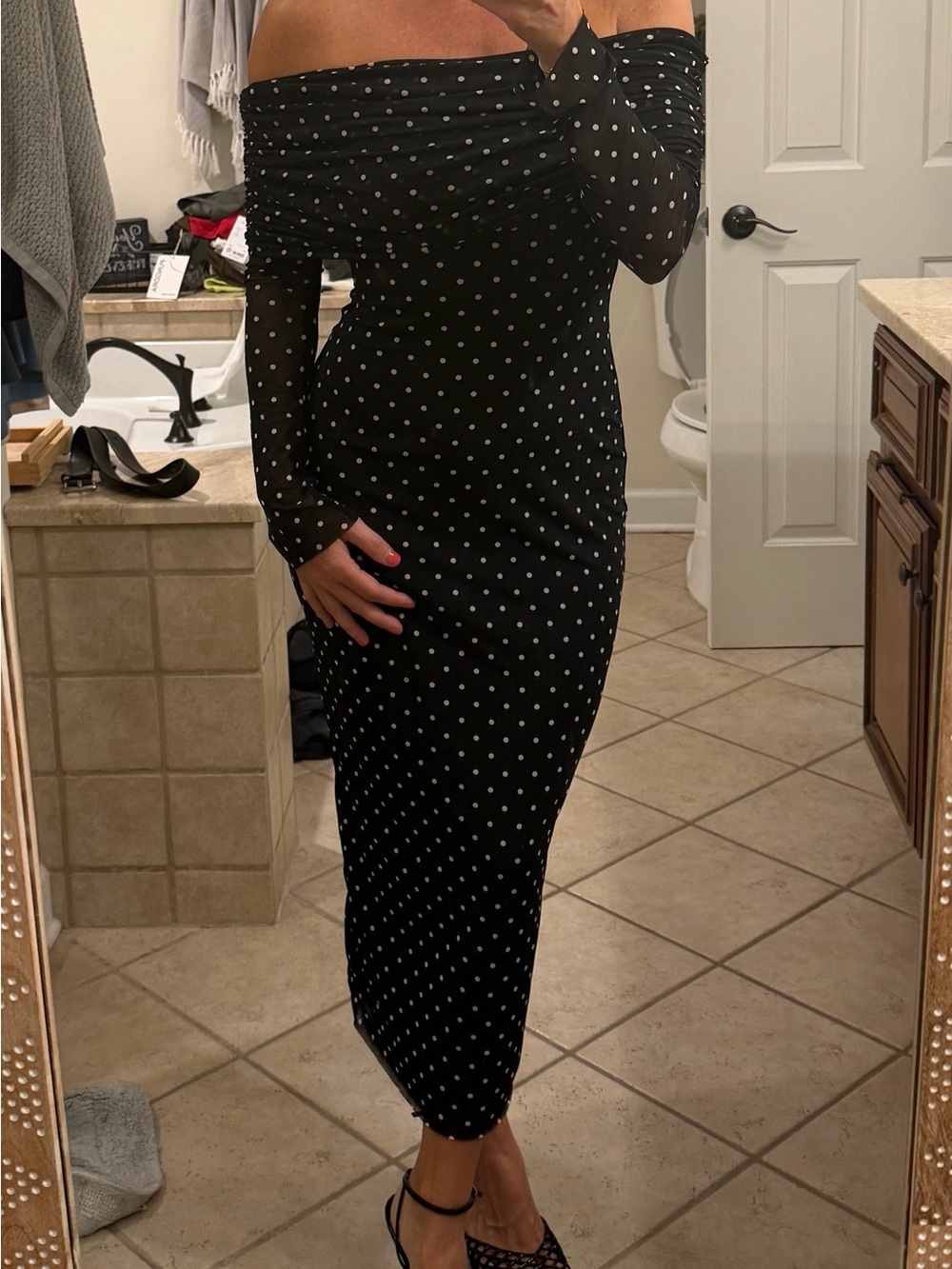AFRM Black Off-Shoulder Mesh Polka Dot Midi Dress